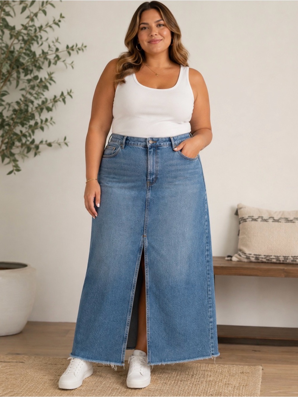 Pilcro Anthropologie Denim Maxi Skirt 16W Front Slit Raw Hem Cotton Lyocell